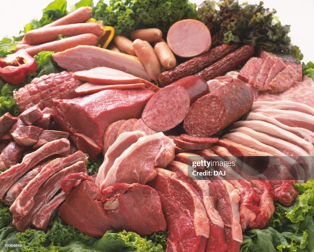 Raw beef and pork, high angle view, close up