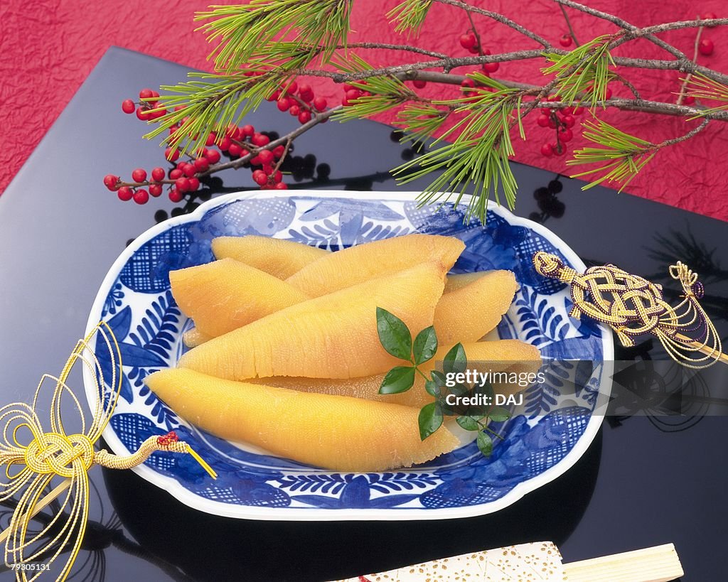 Herring roe on plate, high angle view
