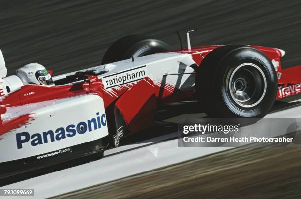 Allan McNish of Great Britain drives the Panasonic Toyota Racing Toyota TF102Toyota RVX-02 V10 during the Formula One San Marino Grand Prix on 14...