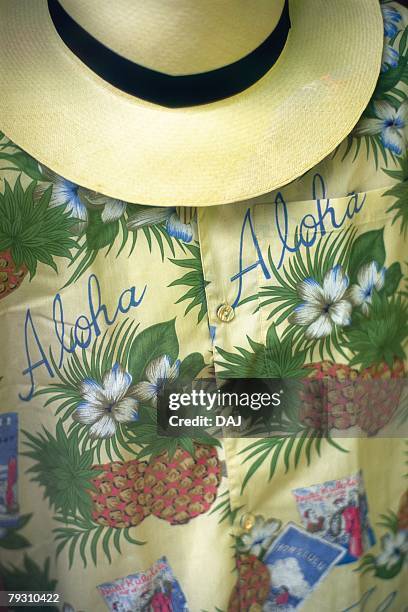 photography of a straw hat and hawaiian shirt, front view - hawaii hemd stock-fotos und bilder