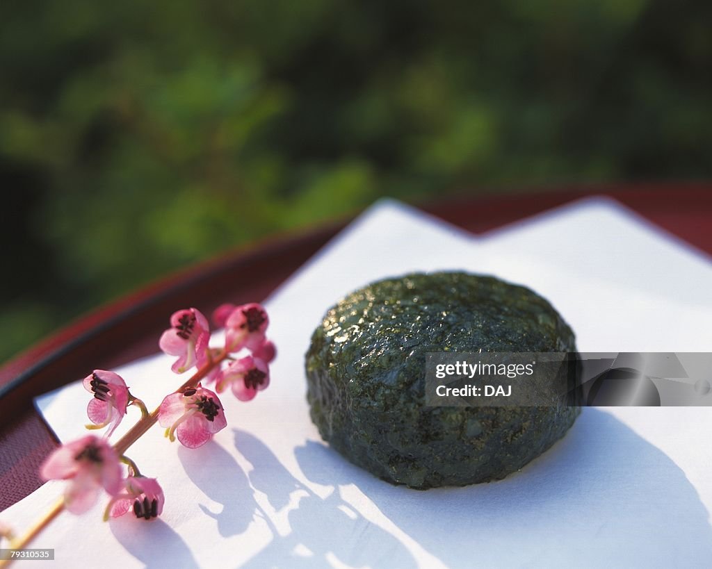 Wagashi called Yomogimochi, Japanese sweet and flower on Japanese paper, Differential Focus