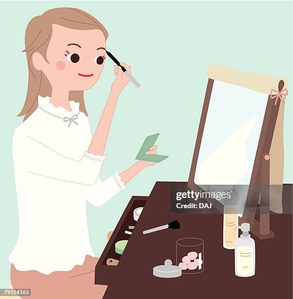 woman who gets her mekeuo on, illustrative technique - vanity mirror stock illustrations