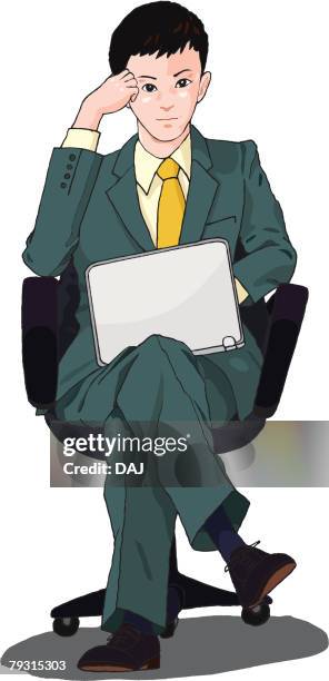 business man sitting and using laptop computer, illustration - man thinking at computer stock illustrations