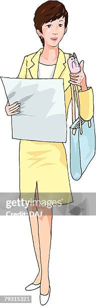 business woman standing, illustration - holding folder stock illustrations