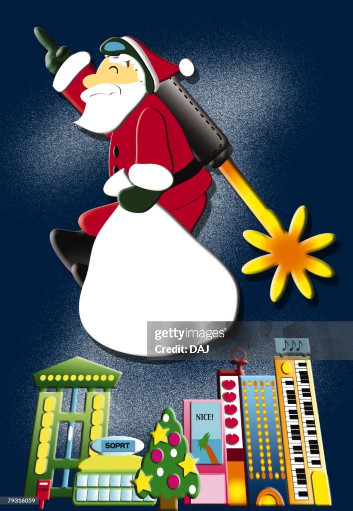 Painting of Santa Claus flying with Rocket, Illustration