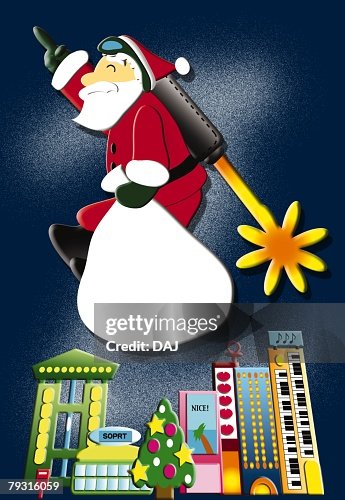 Painting of Santa Claus flying with Rocket, Illustration Painting of Santa Claus flying with Rocket, Illustration