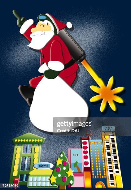 Painting Of Santa Claus Flying With Rocket Illustration, Foto de stock