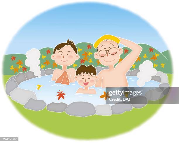 a family in hot spring, illustration - hot spring stock illustrations