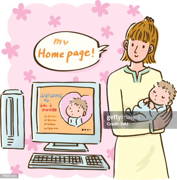 mother holding baby and standing beside computer, front view - parent child computer stock illustrations