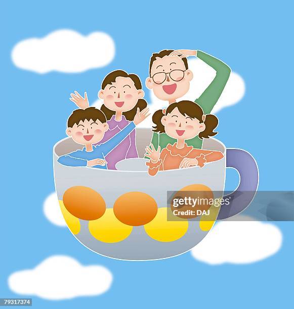 a family in a flying coffee cup, illustration - flying dad son stock illustrations