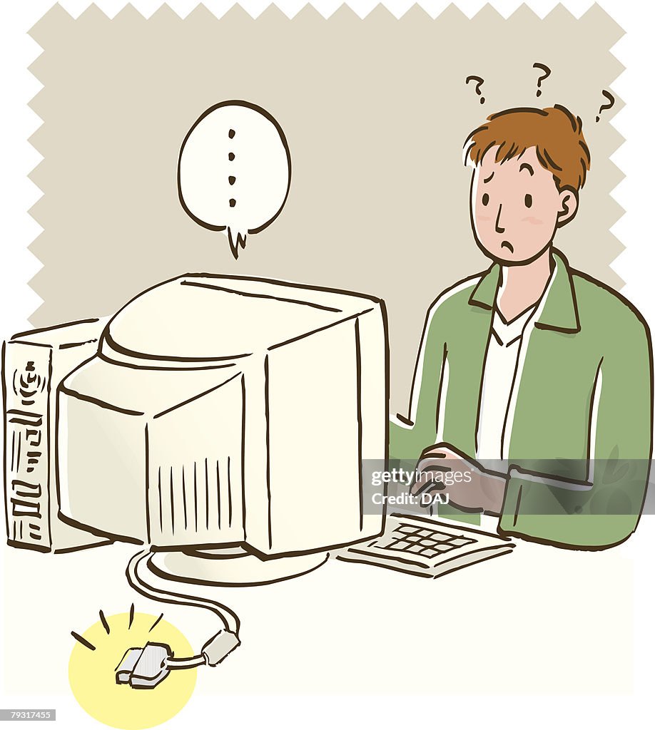 Man Having Trouble With Unplugged Computer Front View High-Res Vector ...