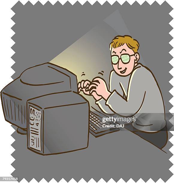 computer hacker using computer in dark, high angle view - computer keyboard dark stock illustrations
