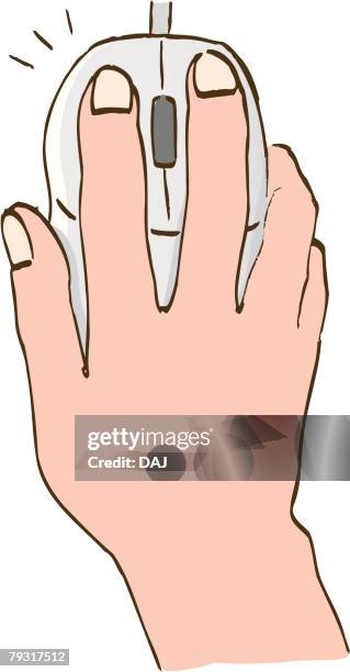 a person holding computer mouse, close up, high angle view - hand mouse top view stock illustrations