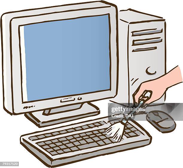a person cleaning up computer keyboard, close up, high angle view - hands on computer keyboard stock illustrations