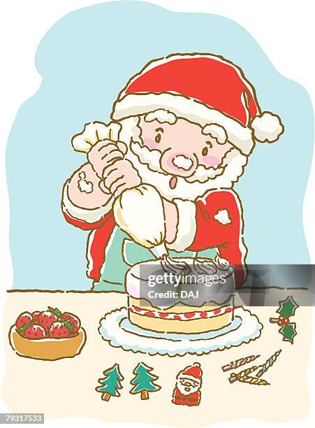 stockillustraties, clipart, cartoons en iconen met painting of santa claus making christmas cake, illustration - making a cake