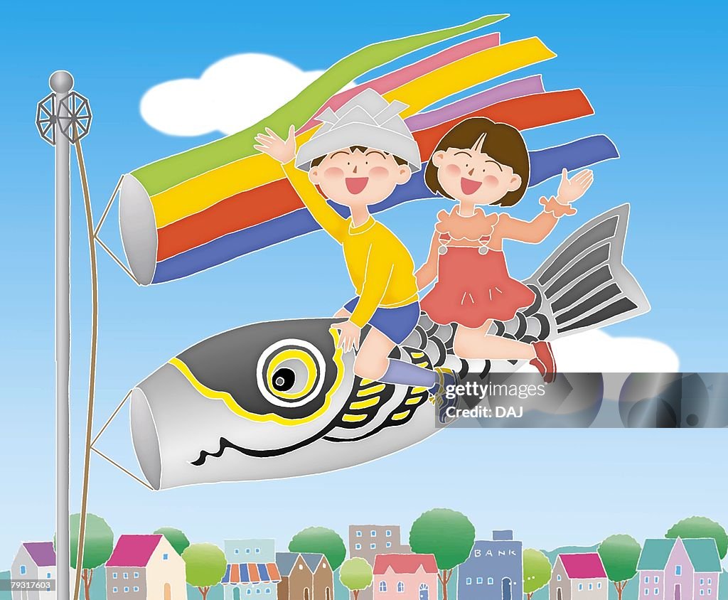 Children riding on a Koinobori, Illustration