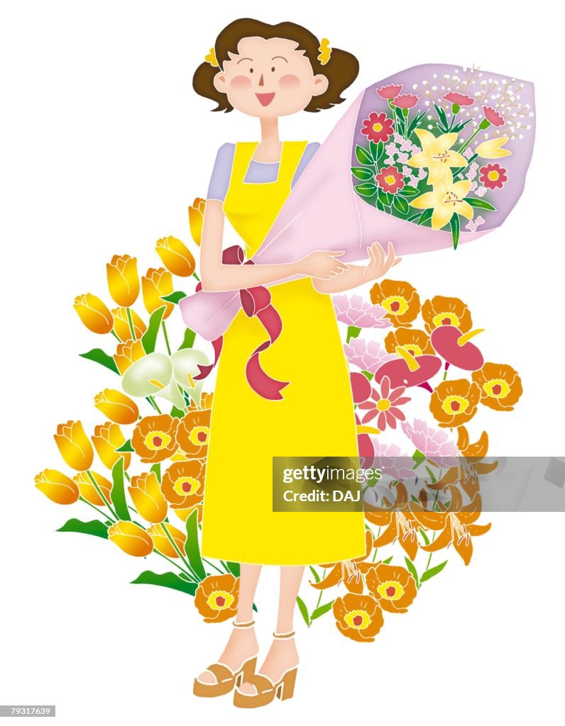 A young woman working at the flower shop, Illustration