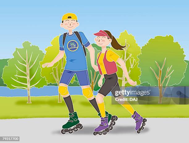 young man and woman inline skating, illustration - roller blade stock illustrations