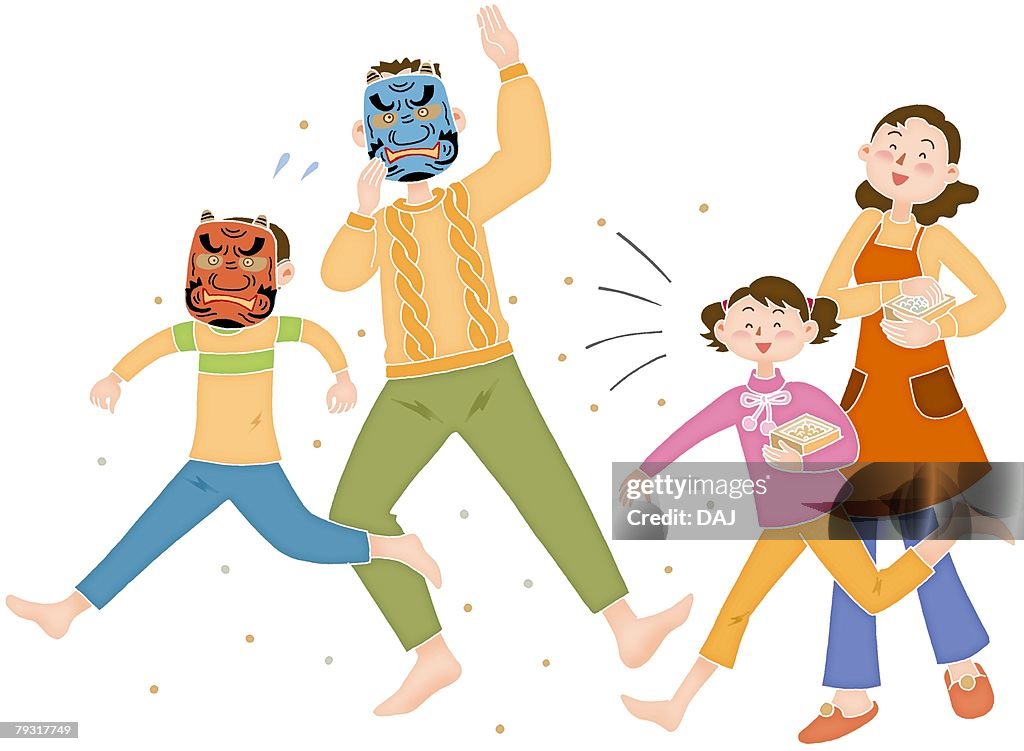 A family playing on Setsubun Day, Illustration