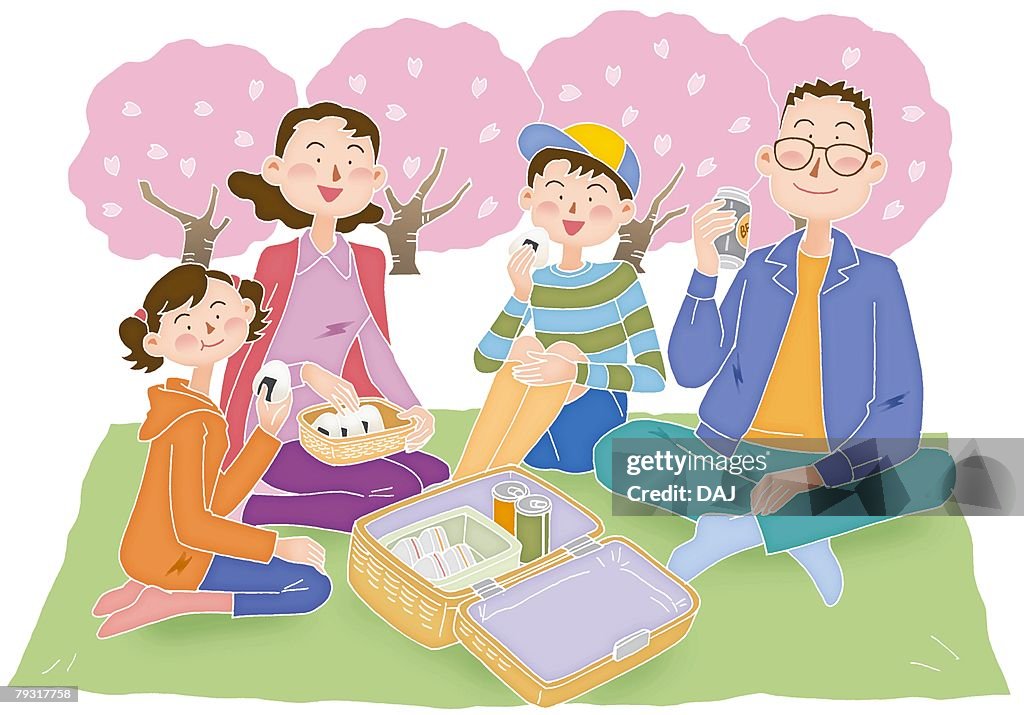 A family enjoying cherry blossom viewing, Illustration