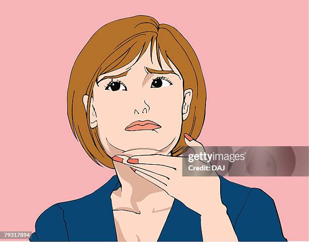 woman touching fat of chin, unhappy, front view - chin stock illustrations