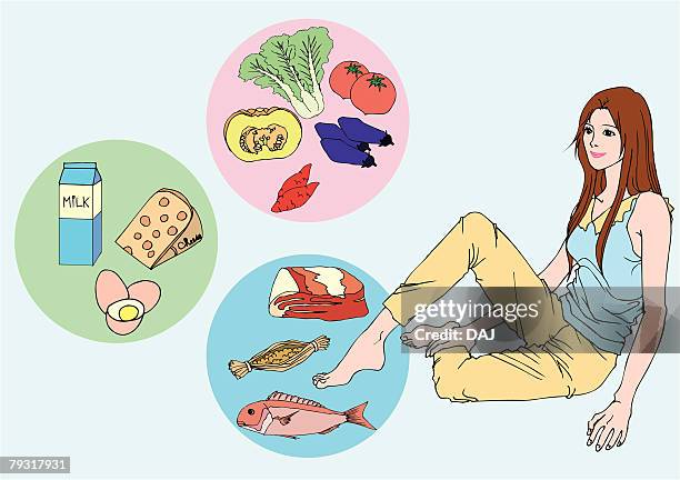 woman sitting and imaging nutritional balance, side view - beautiful hair at home stock illustrations