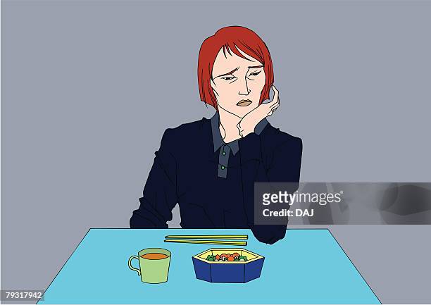 woman losing appetite and looking away from food on table, unhappy, front view - anorexia点のイラスト素材／クリップアート素材／マンガ素材／アイコン素材