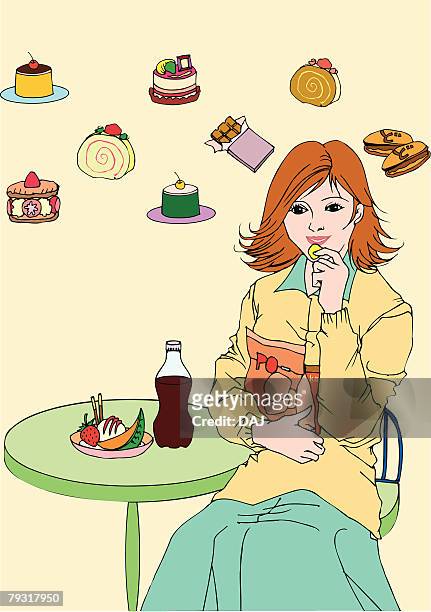 woman sitting and eating snacks, front view - eating ice cream stock illustrations