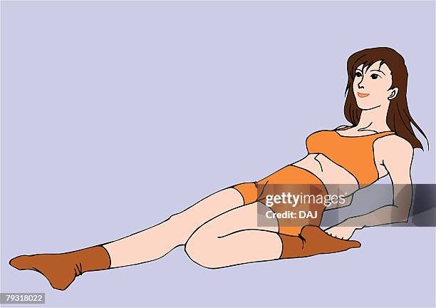 woman lying down, stretching, side view - indoor exercise stock illustrations