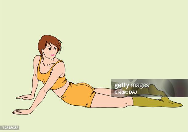 woman lying down and looking back, stretching, side view - looking back stock illustrations
