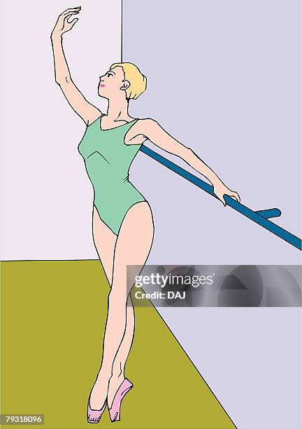 woman doing ballet exercises, front view - ballettstange stock-grafiken, -clipart, -cartoons und -symbole