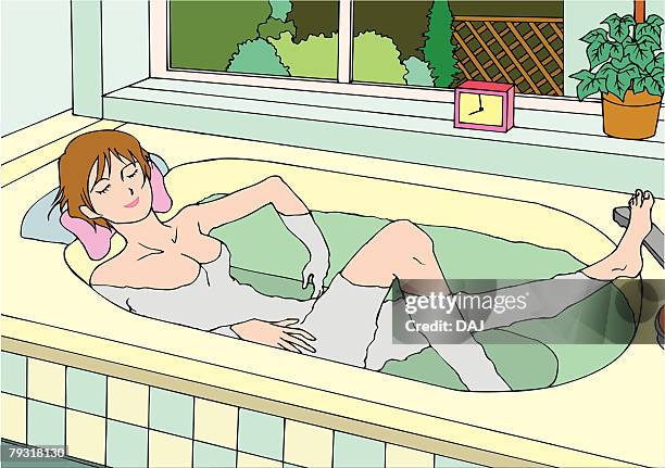 woman relaxing in bath, closing eyes, high angle view - dreiviertelansicht stock-grafiken, -clipart, -cartoons und -symbole