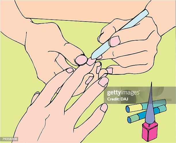 woman receiving manicure in spa, close-up - painting fingernails stock illustrations