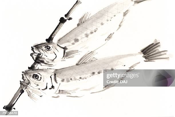 dried sardines, ink brush paintin - sardine can stock illustrations