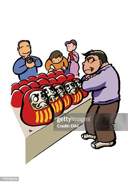 ilustrações, clipart, desenhos animados e ícones de senior adult man standing and appraising dharma doll with his arms folded in front of dharma market - só um olho