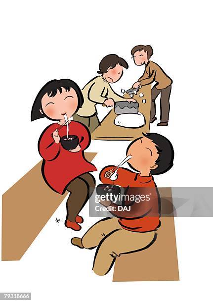young adult woman and her son having sweet red-bean soup with pieces of rice cake at kagamibiraki - red bean soup stock illustrations
