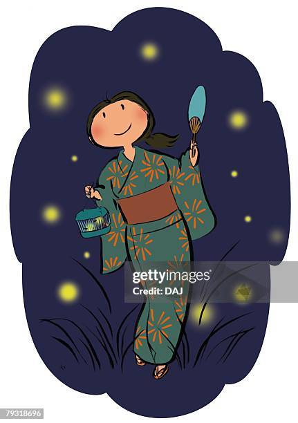young adult woman holding flat paper fan and insect cage, catching firefly at night - catching fireflies stock illustrations