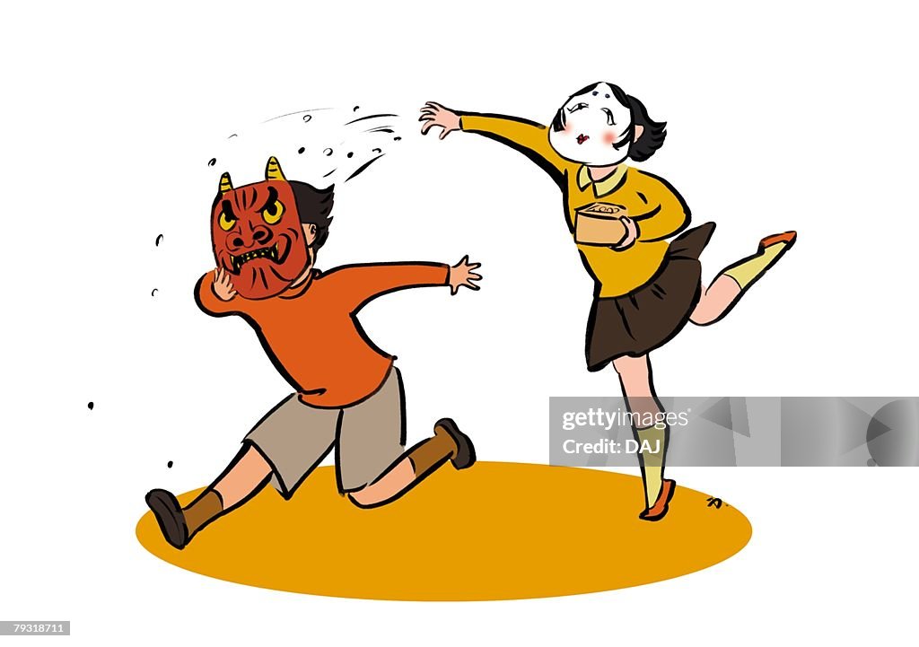 Pre-Adolescent Girl with Mask of the God of Wealth Running After Elementary Age Boy with Mask of Devil, Full Length