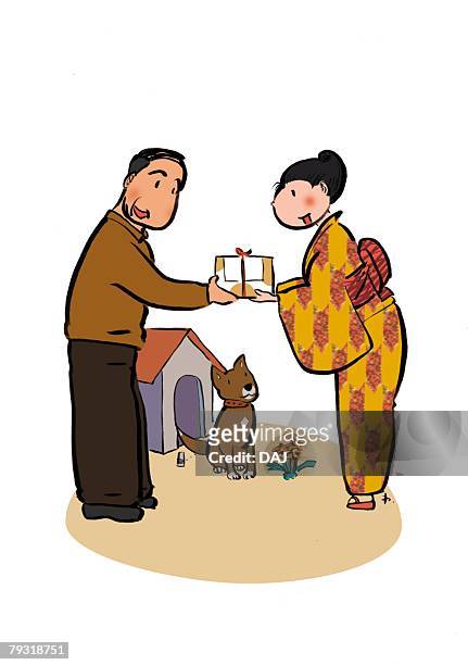 mid adult woman giving year-end gift to senior adult man, side view - お中元点のイラスト素材／クリップアート素材／マンガ素材／アイコン素材