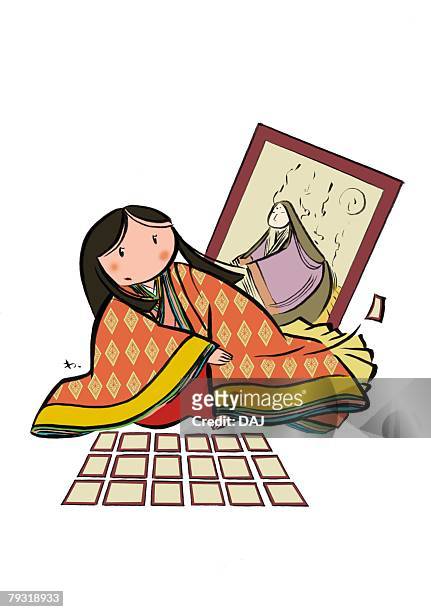 young adult woman in junihitoe sitting and playing hyakuninisshu alone, front view - junihitoe stock illustrations