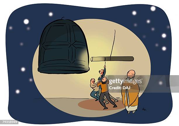 stockillustraties, clipart, cartoons en iconen met three men ringing bell in snow on new years eve, buddhist priest standing beside - 40 44 years