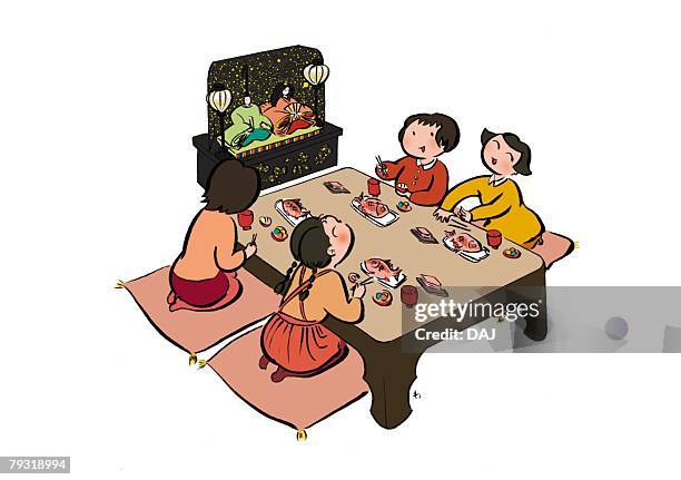 four girls celebrating on the girls festival, illustrative technique - hina doll stock illustrations