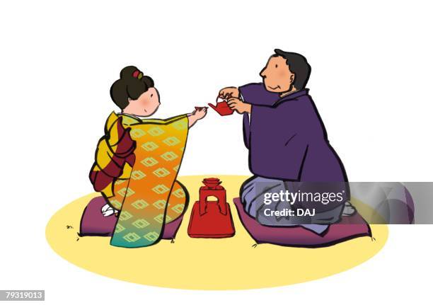 men pouring a new years spiced sake to a women, illustrative technique - zabuton stock illustrations