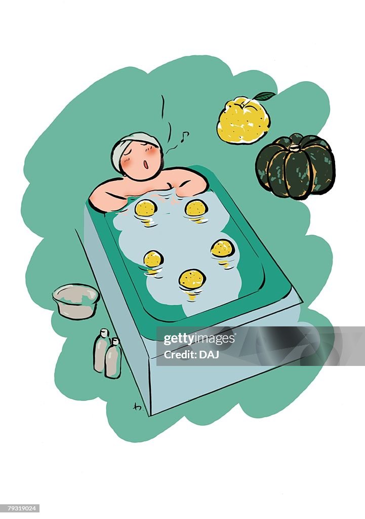 Young Adult Woman Having a Yuzu Bath, Illustrative Technique