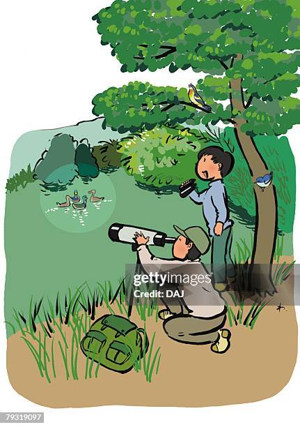 stockillustraties, clipart, cartoons en iconen met father and his son having a bird watching, illustrative technique - mature person happiness white background