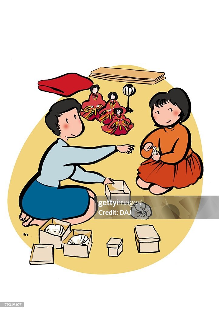 Mother and Child Packing Hina Dolls, Illustrative Technique