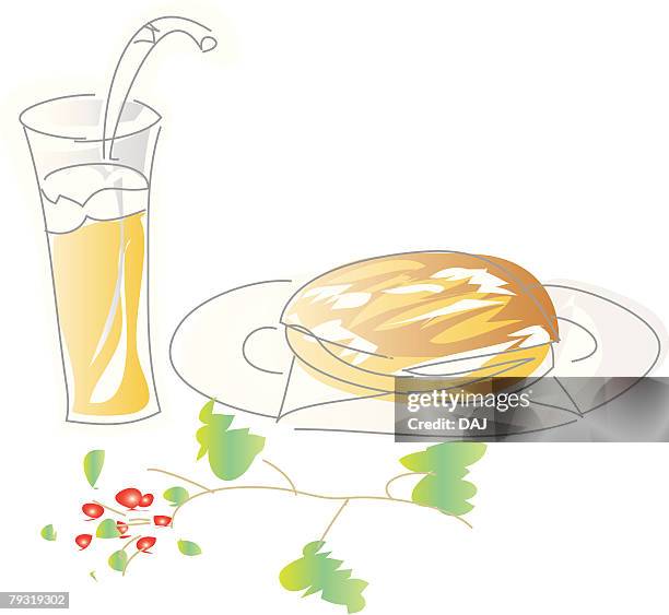 danish and ice cafe au lait, illustrative technique - two plates stock illustrations