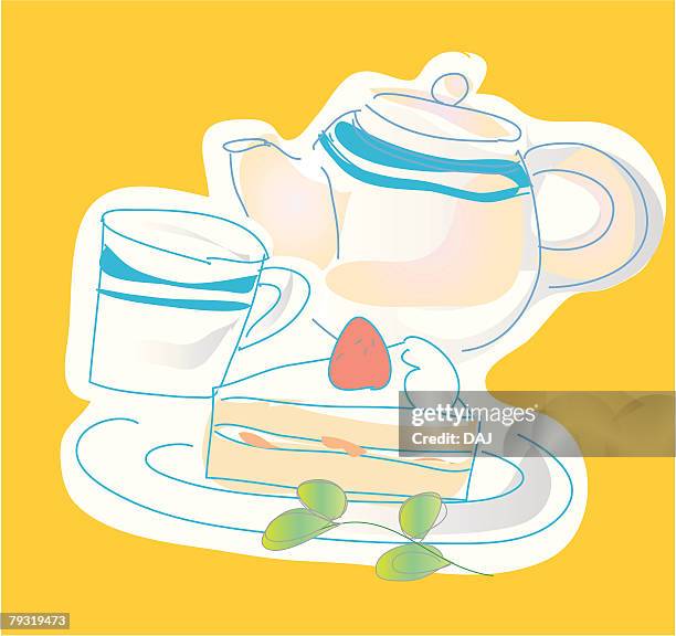 short cake and tea set, illustrative technique - strawberry shortcake stock illustrations