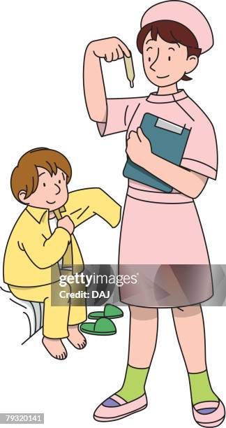 nurse, illustrative technique - kid taking temperature stock illustrations