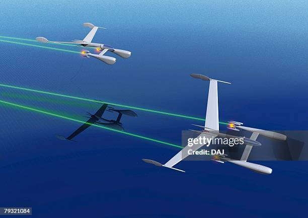 imaginary aircrafts, illustration, cg, high angle view - reflection water shadow stock illustrations